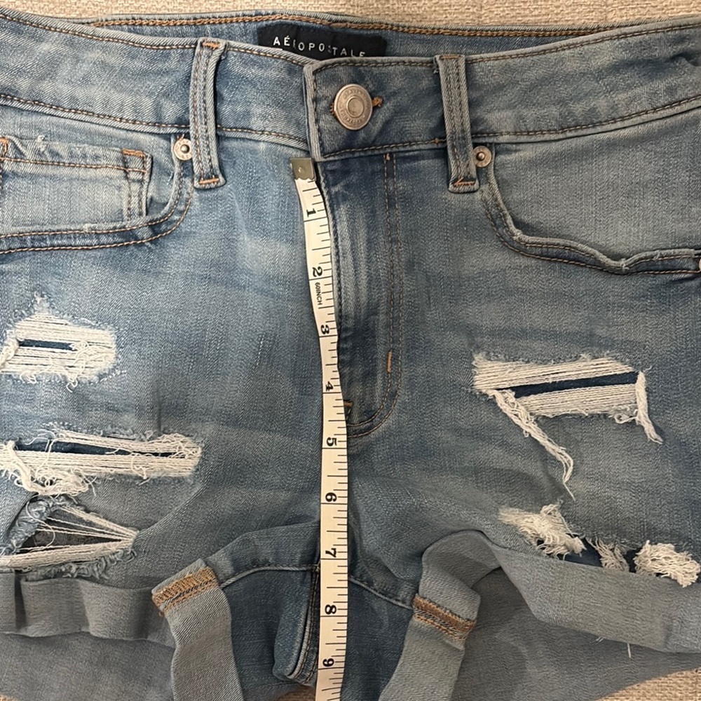 Aeropostale Women's Blue High Waisted Distressed Denim Shorts - Picture 5 of 9